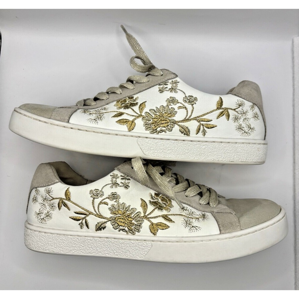 JOHNNY WAS Embroidered Leather Sneakers Vixie Floral Gold Gray - Size 9 White - Picture 5 of 12